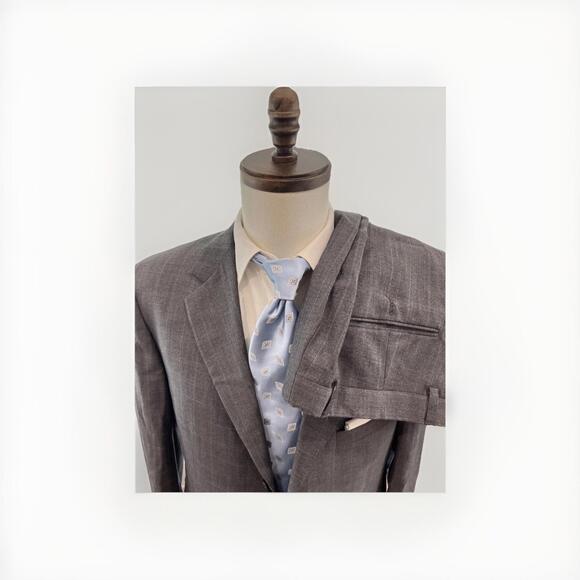 VTG BURBERRY LONDON MENS SUIT 43L / 36x30 GREY WITH BLUE WINDOWPANE VGC